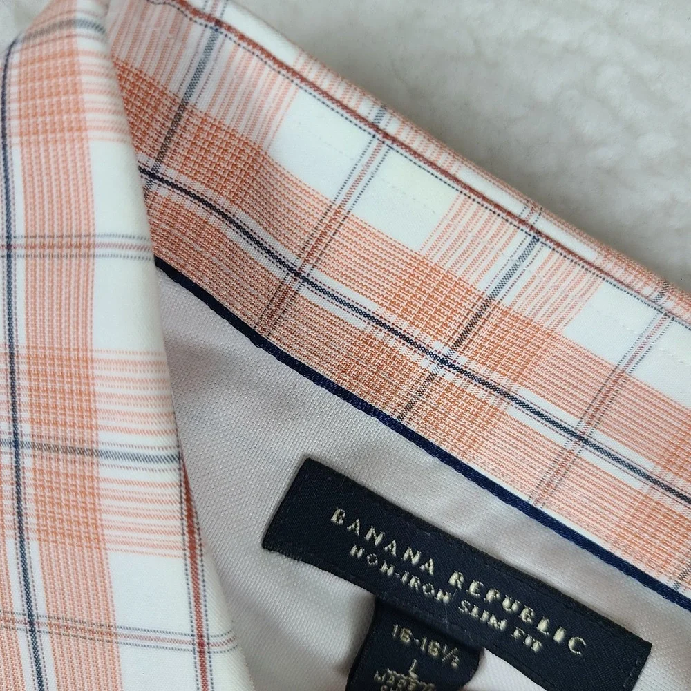 Banana Republic Dress Shirt Mens Large Salmon Plaid Non Iron Slim‎ Fit Button Up